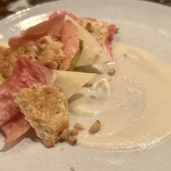 Coquine - Chicory, raw cows milk cheese from the Swiss alps, barley crackers (with a soft yet crust texture) pine nut/pear sauce.  Delectable! - New American Near Me - Portland, Oregon