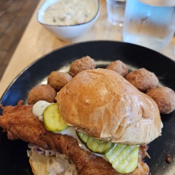 Above the Dunes - fish sandwich with hush puppies - Seafood Near Me - Rehoboth Beach, Delaware