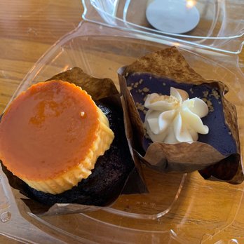 Cafe 86 - Ube Leche Flan Cupcake (left) and Ube Crack Cheesecake (right) - Desserts Near Me - Union City, California