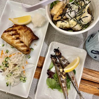 Sankyu Sushi & Izakaya - Agedashi Tofu, Shisamo (grilled whole smelt with roe) and grilled Saba - Sushi Bars Near Me - Mount Prospect, Illinois
