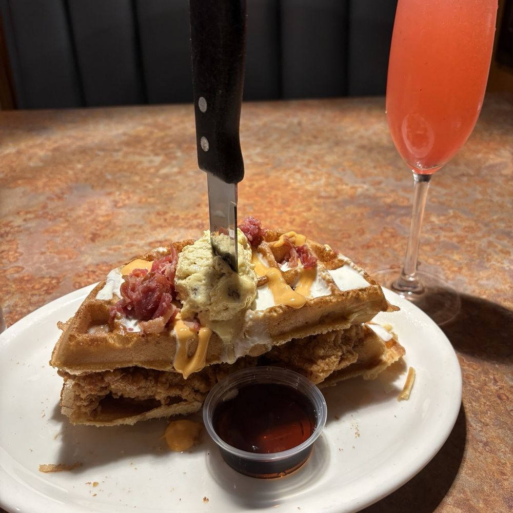Huckleberry's - Stacked Chicken & Waffles, strawberry mimosa - Southern Near Me - Anaheim, California