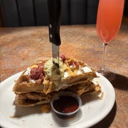 Stacked Chicken & Waffles, strawberry mimosa