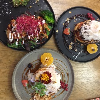 Mr. Stacks - Top left: Plant-based BBQ Chicken Stack Top right: Choco Protein Stack Bottom: Banana Breakfast Stack - Pancakes Near Me - Amsterdam, New Hampshire Mr. Stacks - Top left: Plant-based BBQ Chicken Stack Top right: Choco Protein Stack Bottom: Banana Breakfast Stack - Pancakes Near Me - Amsterdam, New Hampshire