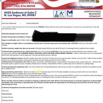 Champion Movers - Original 7-14 day contract - Movers Near Me - North Las Vegas, Nevada