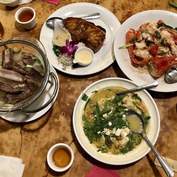 Koi Palace - Clockwise from top left: Smoked Sea Bass w/Honey Glaze, Lobster w/E-Fu Noodles, Pumpkin Leaves, Braised Beef Short Rib w/Daikon - Dim Sum Near Me - Daly City, California