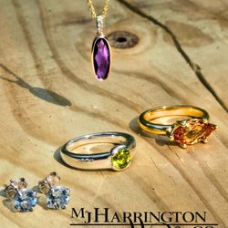 M.J. Harrington Jewelers - Amethyst pendant, aquamarine studs, peridot and silver ring, citrine and yellow gold ring.