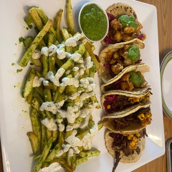 CDT Cocina - Tacos and fries!! With pesto sauce. So delicious!! - Mexican Near Me - Fresno, California CDT Cocina - Tacos and fries!! With pesto sauce. So delicious!! - Mexican Near Me - Fresno, California