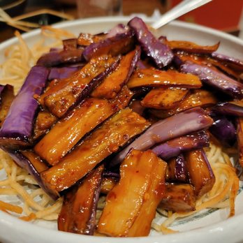 Spicy J's - Yu xiang eggplant w/ fried noodles - Szechuan Near Me - Fresno, California