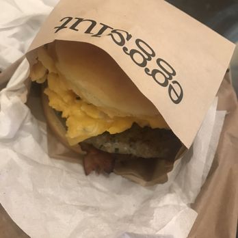 Eggslut - Sausage, Egg & Cheese with bacon on a gluten free bun - Breakfast & Brunch Near Me - Las Vegas, Nevada Eggslut - Sausage, Egg & Cheese with bacon on a gluten free bun - Breakfast & Brunch Near Me - Las Vegas, Nevada