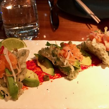 Ruka - crunchy salmon tacos - salmon ceviche, avocado, roasted tomatillo salsa, pickled radish - Sushi Bars Near Me - Boston, Massachusetts Ruka - crunchy salmon tacos - salmon ceviche, avocado, roasted tomatillo salsa, pickled radish - Sushi Bars Near Me - Boston, Massachusetts