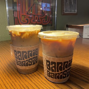 Barrio Barista - 20oz mocha latte and 16oz horchata latte, both iced. - Coffee & Tea Near Me - San Antonio, Texas