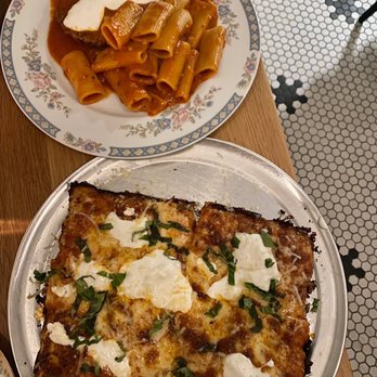 Chickie’s - Chicken parm with spicy rigatoni (top) and Stracciatella pizza (bottom) - Italian Near Me - Jersey City, New Jersey Chickie’s - Chicken parm with spicy rigatoni (top) and Stracciatella pizza (bottom) - Italian Near Me - Jersey City, New Jersey