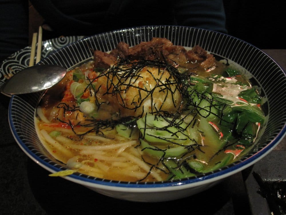 Photo of Namu - San Francisco, CA, United States. handmade ramen noodles, pork miso broth, slow braised pork, deep fried egg, daily green vegetable, bean sprouts, kimchee