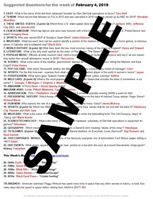 Trivialogy - Weekly Pub Quiz Trivia Questions for Bars, Restaurants and Hosts. We post a packet of 35 new, up-to-date, researched general knowledge trivia questions every Monday. Topics include movies, television, sports, literature, geography, science, food, drink, current events, pop culture, and history. Packets include two picture-word puzzles and links to the music round for the week. Trivialogy - Weekly Pub Quiz Trivia Questions for Bars, Restaurants and Hosts. We post a packet of 35 new, up-to-date, researched general knowledge trivia questions every Monday. Topics include movies, television, sports, literature, geography, science, food, drink, current events, pop culture, and history. Packets include two picture-word puzzles and links to the music round for the week.