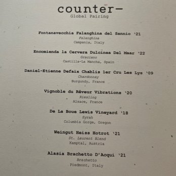 Counter- - Wine pairing for the Street Food March - May 2023 tasting menu - New American Near Me - Charlotte, North Carolina