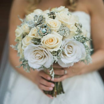 Oberer's Flowers - Brooch bouquet with burlap roses from Hobby Lobby and whit chocolate roses. - Florists Near Me - Carmel, Indiana