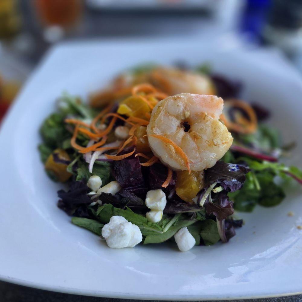 Fins At Sharky's - BEET & SHRIMP SALAD - Pan-seared shrimp, red onions, goat cheese, red & golden beets, mandarin orange, arugula, spring mix, Honey Orange vin - Steakhouses Near Me - Venice, Florida Fins At Sharky's - BEET & SHRIMP SALAD - Pan-seared shrimp, red onions, goat cheese, red & golden beets, mandarin orange, arugula, spring mix, Honey Orange vin - Steakhouses Near Me - Venice, Florida