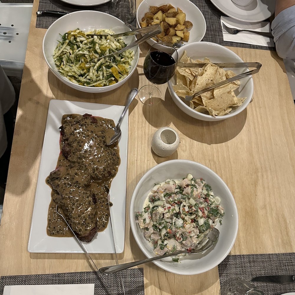 Fennel w/ charred orange salad; Mahi seviche, Duck fat roasted potatoes; & NY strip in a green peppercorn sauce. Fennel w/ charred orange salad; Mahi seviche, Duck fat roasted potatoes; & NY strip in a green peppercorn sauce.