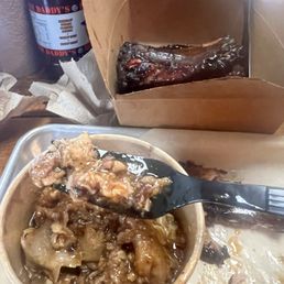Pull pork soup - more like bits of meat in a grease sauce. Pull pork soup - more like bits of meat in a grease sauce.