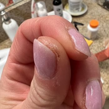 BE & J Nails - Lazy job of left over nail polish and you can see how lumpy and uneven the gel coat is. - Nail Salons Near Me - Los Angeles, California BE & J Nails - Lazy job of left over nail polish and you can see how lumpy and uneven the gel coat is. - Nail Salons Near Me - Los Angeles, California