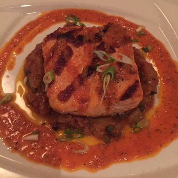 Gio's Prime 26 - Amazing grilled salmon over eggplant, topped with sundries tomato sauce and scallions - Seafood Near Me - Rochester, New York