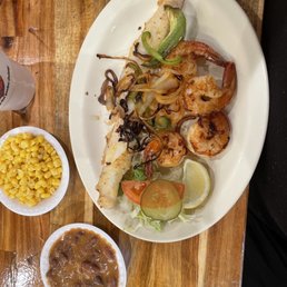 Grilled catfish & grilled shrimp, 2 sides-red beans/rice & corn!  Delicious!