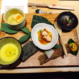 Starters (Corn, Tomago-Dofu with Salmon Roe, Horse Mackerel, Octopus, Daikon, Kumquats) Starters (Corn, Tomago-Dofu with Salmon Roe, Horse Mackerel, Octopus, Daikon, Kumquats)