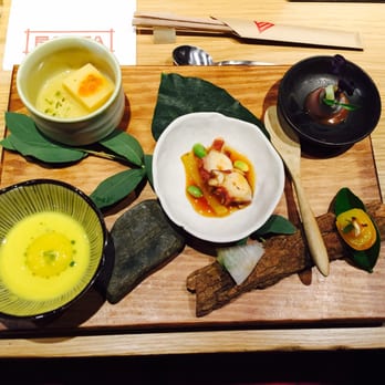 Pakta - Starters (Corn, Tomago-Dofu with Salmon Roe, Horse Mackerel, Octopus, Daikon, Kumquats) - Nikkei Near Me - Barcelona, B Pakta - Starters (Corn, Tomago-Dofu with Salmon Roe, Horse Mackerel, Octopus, Daikon, Kumquats) - Nikkei Near Me - Barcelona, B