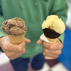 The Big Moo Ice Cream Parlor - Single scoops of Spicy chocolate and churro and pineapple sorbet