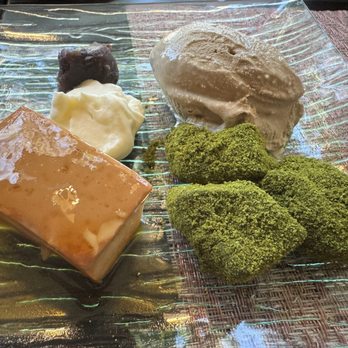 Hana Izumi - Dessert plate (custard, matcha mochi, hojicha ice cream, and azuka beans sweets) $13 - Japanese Near Me - Millbrae, California