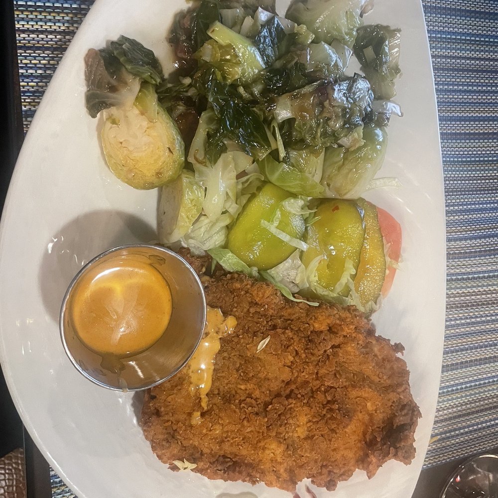 Chamber Modern American Restaurant - Fried Chicken Sandwich with no bun, side of Brussels Sprouts - New American Near Me - Tulsa, Oklahoma