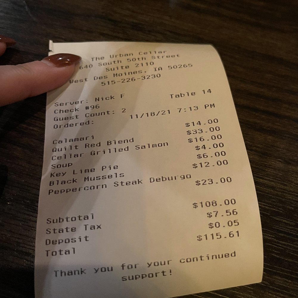 Urban Cellar - Receipt - American Near Me - West Des Moines, Iowa Urban Cellar - Receipt - American Near Me - West Des Moines, Iowa