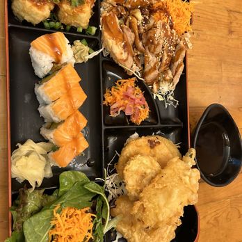 Oco Time - Bento box Miso soup, tofu, chicken teriyaki, vegetable tempura, Leo sushi roll, salad - Sushi Bars Near Me - Ukiah, California
