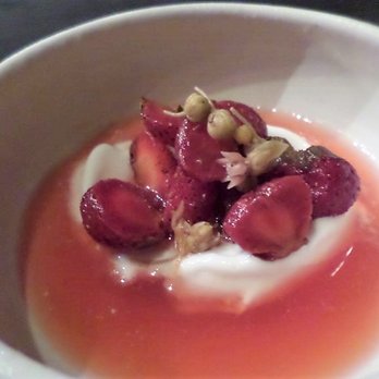 Aska - Strawberry dessert - w/ milk sorbet & fermented strawberry juice. Wonderful. - Scandinavian Near Me - Brooklyn, New York