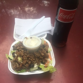 The Pita Shop - Small Greek salad with gyro meat, creamy garlic and a Mexican Coke. Under $10 before tip. Tasty! - Mediterranean Near Me - San Marcos, Texas