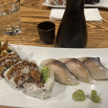 Kusshi - Mackerel sushi and a shrimp tempura with cream cheese and avocado. - Sushi Bars Near Me - Silver Spring, Maryland Kusshi - Mackerel sushi and a shrimp tempura with cream cheese and avocado. - Sushi Bars Near Me - Silver Spring, Maryland