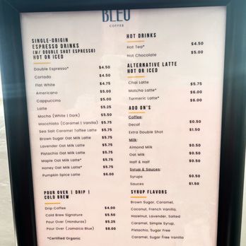 Bleu Coffee - menu 2025 - Coffee & Tea Near Me - Montclair, New Jersey