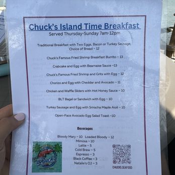 Chuck's Seafood Restaurant - Breakfast menu pg1 - Seafood Near Me - Fort Pierce, Florida