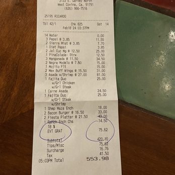El Torito - Surcharge in addition to Tip - Mexican Near Me - West Covina, California