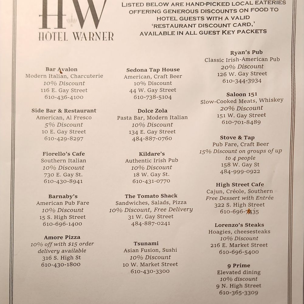 Hotel Warner - printed sheet of local restaurant handed out to guest; blank on the back of sheet - Hotels Near Me - West Chester, Pennsylvania Hotel Warner - printed sheet of local restaurant handed out to guest; blank on the back of sheet - Hotels Near Me - West Chester, Pennsylvania