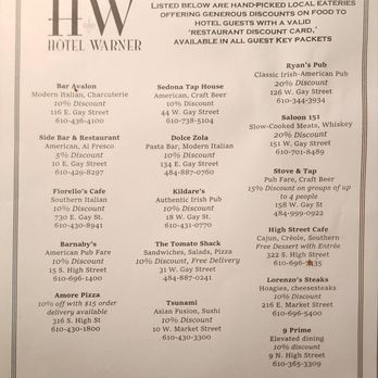 Hotel Warner - printed sheet of local restaurant handed out to guest; blank on the back of sheet - Hotels Near Me - West Chester, Pennsylvania Hotel Warner - printed sheet of local restaurant handed out to guest; blank on the back of sheet - Hotels Near Me - West Chester, Pennsylvania