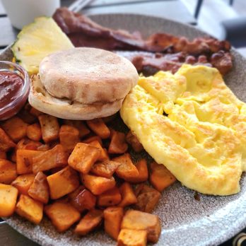 Basalt - Basalt Breakfast- two scrambled eggs, bacon, country-styled potatoes, English muffin - New American Near Me - Honolulu, Hawaii Basalt - Basalt Breakfast- two scrambled eggs, bacon, country-styled potatoes, English muffin - New American Near Me - Honolulu, Hawaii