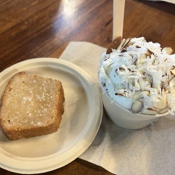 Vegan Scoops - One scoop of piña ice cream and one scoop of strawberry with a warmed up piece of lemon pound cake. - Ice Cream & Frozen Yogurt Near Me - Orlando , Florida