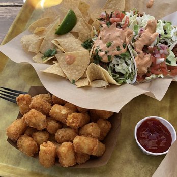 Padaro Beach Grill - Baja Fish Tacos with a side of Tater Tots - American Near Me - Carpinteria, California Padaro Beach Grill - Baja Fish Tacos with a side of Tater Tots - American Near Me - Carpinteria, California