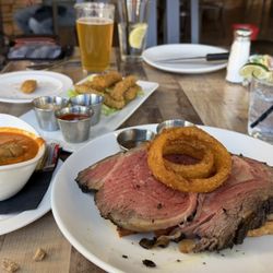 Fargo's Steak House - Prime Rib Open Face Sandwich.  w Onion Rings and cup of soup.   This food was really great!