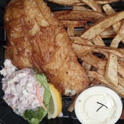 LakeView Tavern  - Hot spiced coleslaw and fries. One piece fish. $19.00.