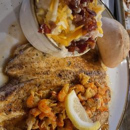 Cajun trout with crawfish, mashed potatoes . Cajun trout with crawfish, mashed potatoes .