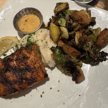 Sedona Taphouse - Salmon, garlic mashed potatoes and roasted Brussel sprouts - New American Near Me - Virginia Beach, Virginia Sedona Taphouse - Salmon, garlic mashed potatoes and roasted Brussel sprouts - New American Near Me - Virginia Beach, Virginia
