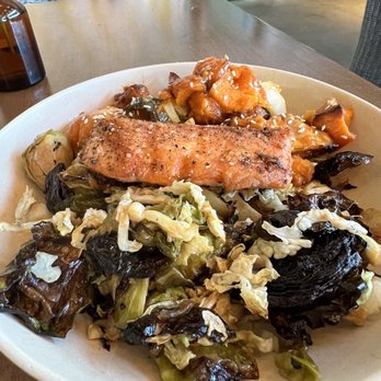 Flower Child - Salmon, Brussels sprouts and sweet potatoes - New American Near Me - Sandy Springs, Georgia