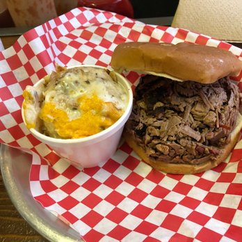 The Smokin Pig - Brisket Sandwich, loaded potatoes. - Barbeque Near Me - Pendleton, South Carolina The Smokin Pig - Brisket Sandwich, loaded potatoes. - Barbeque Near Me - Pendleton, South Carolina
